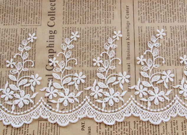 Wedding - Ivory Floral Cotton Lace Trim, Wedding Veil Lace Trim, 6 inches Wide for Wedding Dress, Veil, Costume, Craft Making, 2Yards