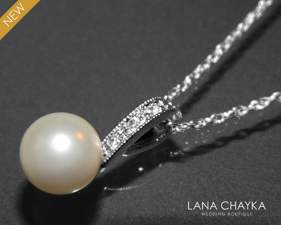 Wedding - Ivory Pearl Silver Necklace Swarovski 8mm Pearl 925 Sterling Silver Cubic Zirconia Pearl Necklace Bridal Necklace Weddings FREE US Shipping