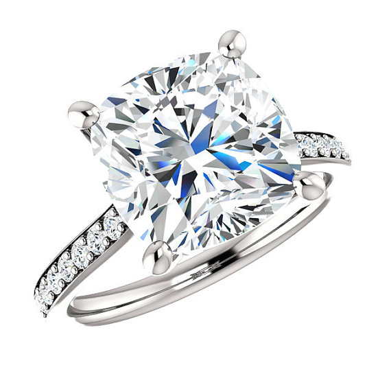 Hochzeit - 5 Carat (10mm) Cushion Forever One Moissanite & Diamond Engagement Ring 14k, 18k or Platinum, Moissanite Engagement Rings for Women 5ct Ring