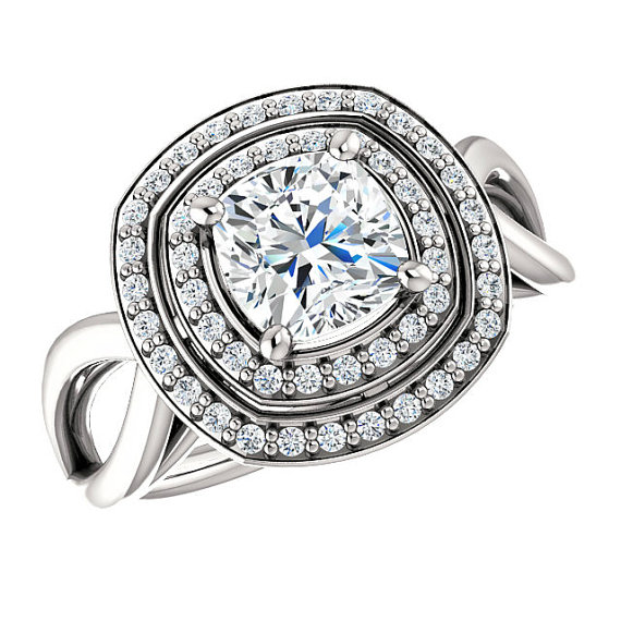 زفاف - Cushion Forever One Moisanite & Diamond Double Halo Engagement Ring 14k White Gold 18k or Platinum, Moissanite Wedding Rings for Women 6mm