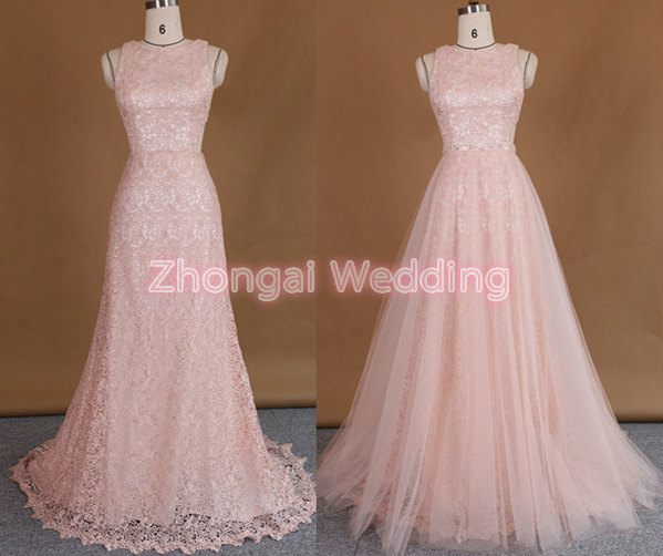 Hochzeit - Two-piece wedding dress, lace wedding gown, detachable train bridal dress,netting bridal gown, slim-line wedding dress, nude wedding gown