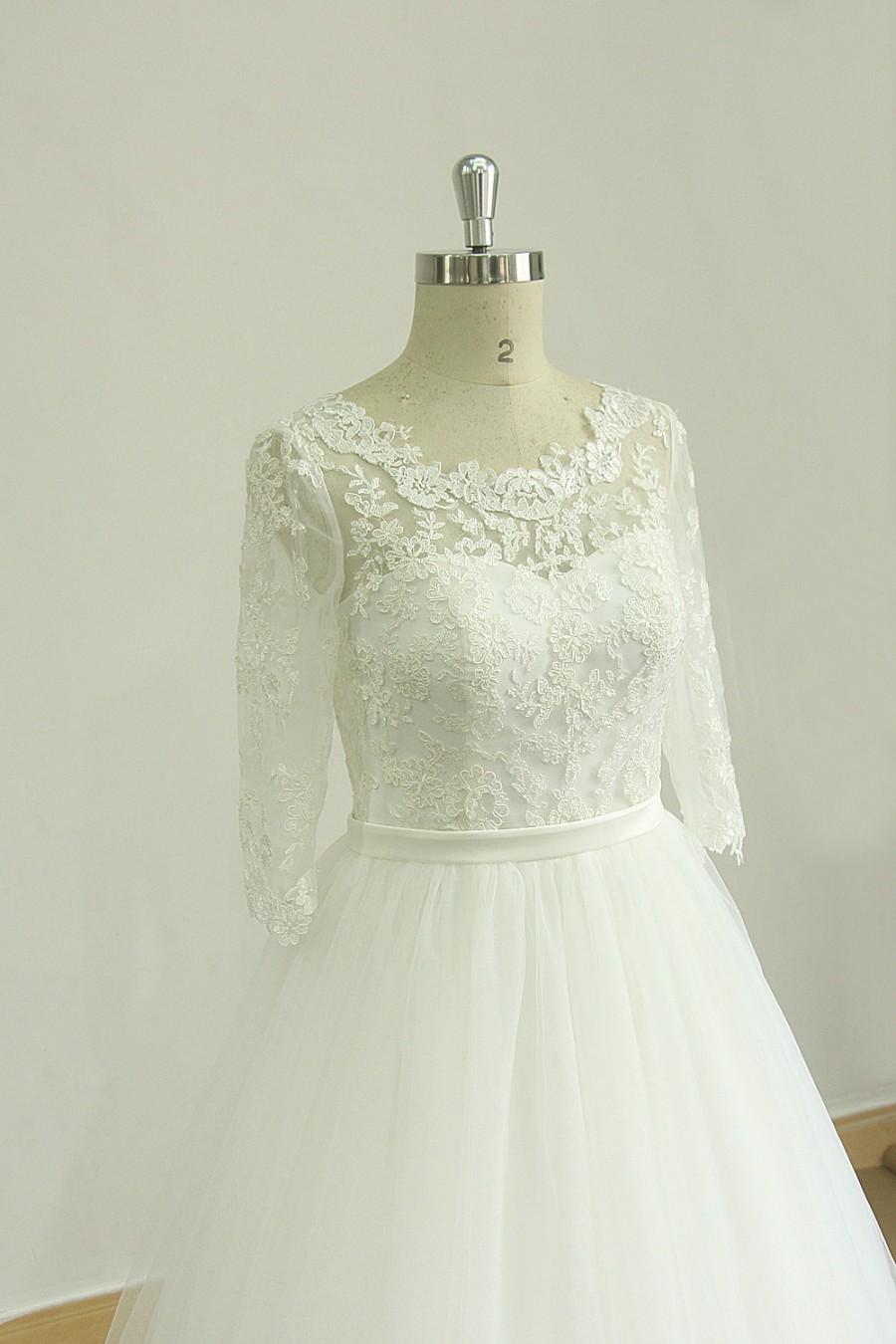 Wedding - Stunning Ivory open back A Line Tulle lace wedding dress with middle calf sleeves