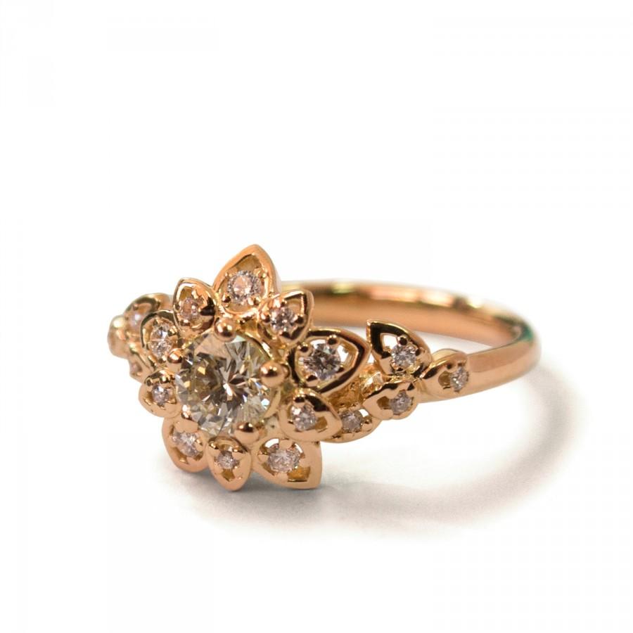 Hochzeit - Moissanite Art Deco Petal Engagement Ring - 14K Rose Gold and Moissanite engagement ring, leaf ring, flower ring, vintage, halo ring, 2B