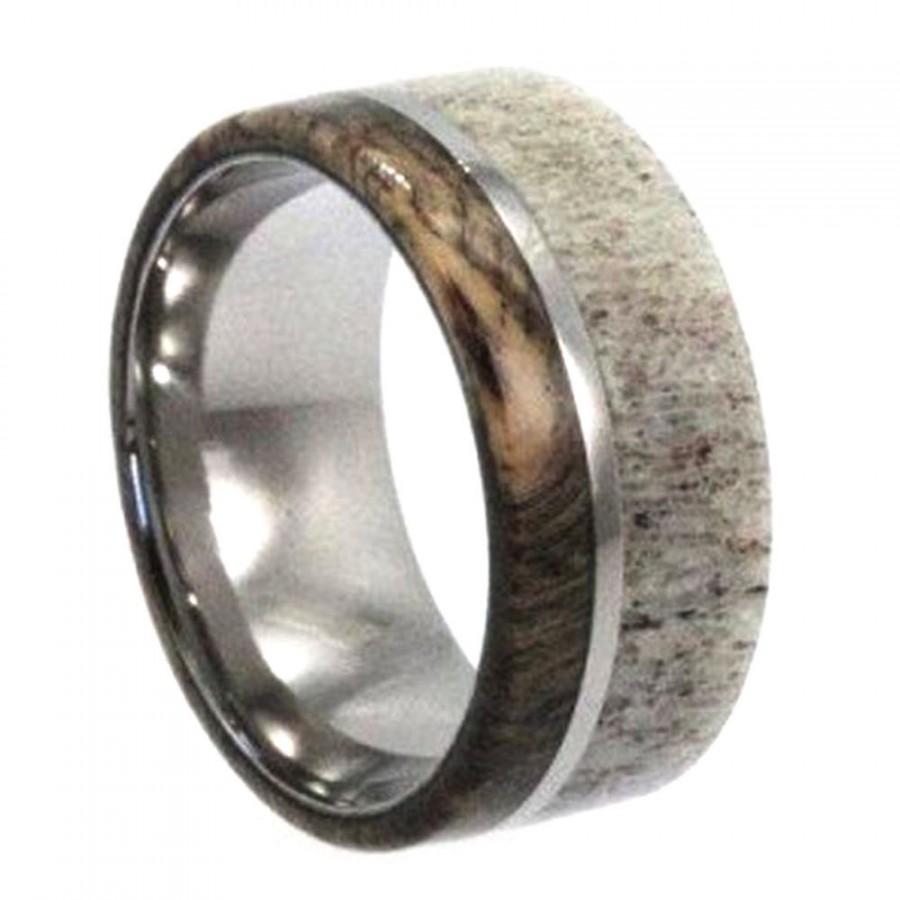 زفاف - Deer Antler Ring, Titanium Band With Buckeye Burl, Hunter's Ring