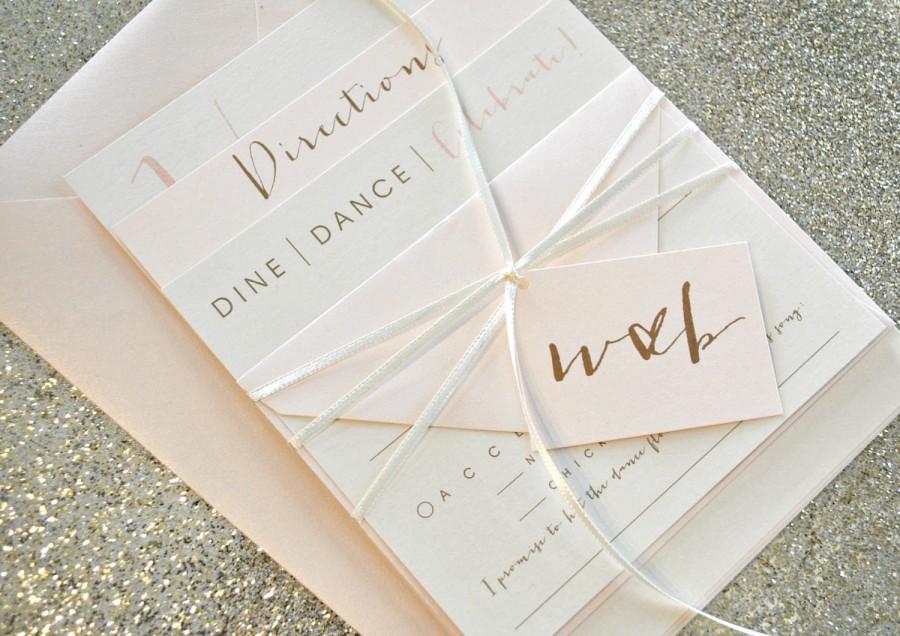 زفاف - Bronson Wedding Invitation Suite with Monogram Tag & Tie - Champagne Gold, Blush Pink, Ivory (colors/text customizable)
