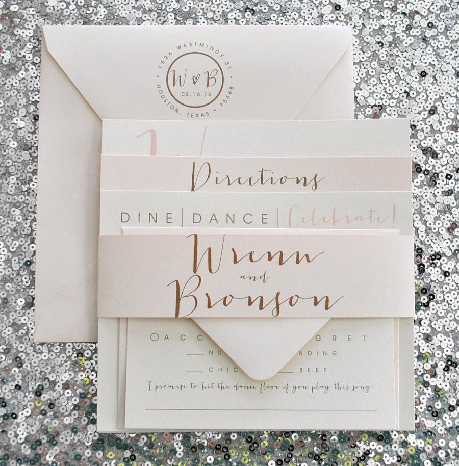 Hochzeit - Square Bronson Wedding Invitation Suite with Belly Band - Champagne Gold, Blush Pink, Ivory (colors/text customizable)