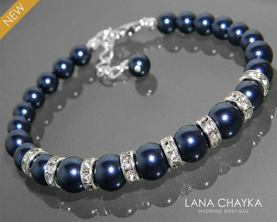 Mariage - Navy Blue Pearl Bracelet Swarovski Night Blue Pearl Silver Bracelet Wedding Dark Blue Pearls Bracelet One Strand Peal Bridal Classy Bracelet