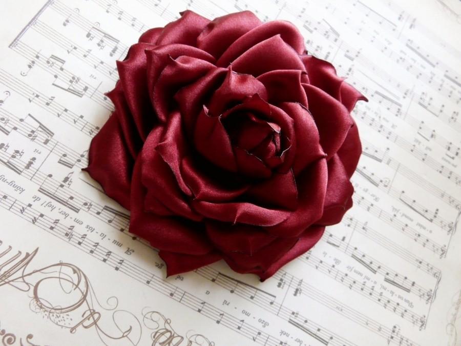 Wedding - Large Red Hair Flower, Satin Hair Rose, Burgundy Headpiece, Scarlet Flower Pin, Red Wedding Hair Flower
