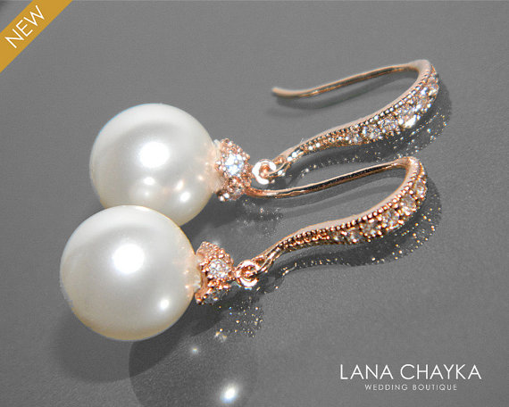 Mariage - White Pearl Rose Gold Bridal Earrings Swarovski 10mm Pearl Wedding Earrings Rose Gold CZ Pearl Dangle Earrings Wedding Bridal Pearl Jewelry