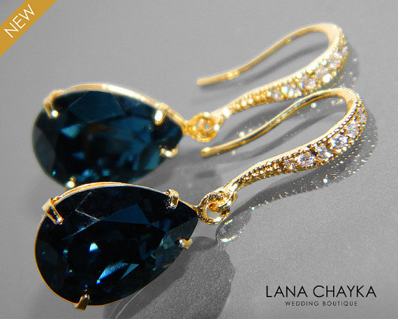 Hochzeit - Navy Blue Gold Crystal Earrings Swarovski Montana Teardrop Earrings Dark Navy Blue Rhinestone Wedding Earrings Bridal Bridesmaid Jewelry