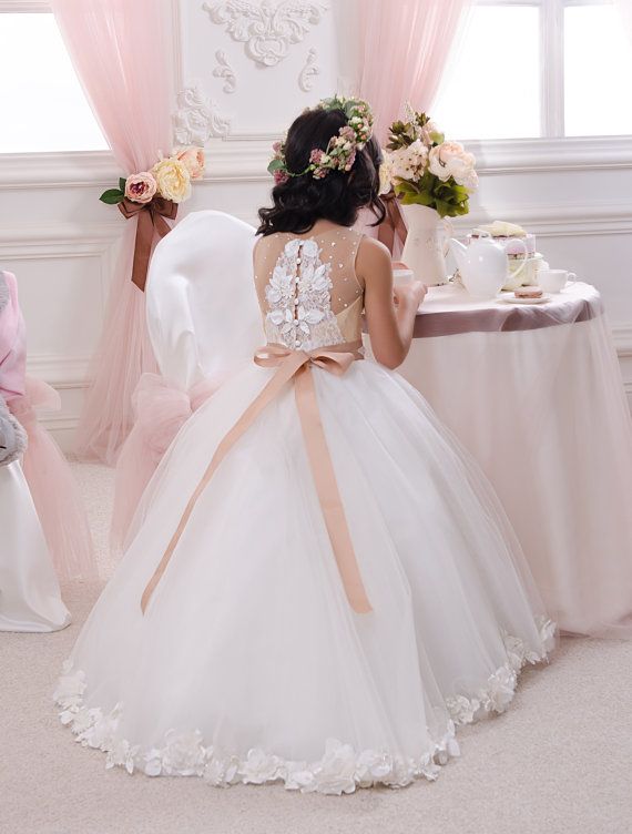 Hochzeit - Ivory And Beige Flower Girl Dress