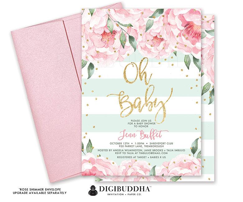 Hochzeit - Oh BABY SHOWER INVITATION Pink Peony Mint Stripe It's A Girl Printable Baby Shower Invite Ready Made Printed Baby Shower Invitation - Jenn