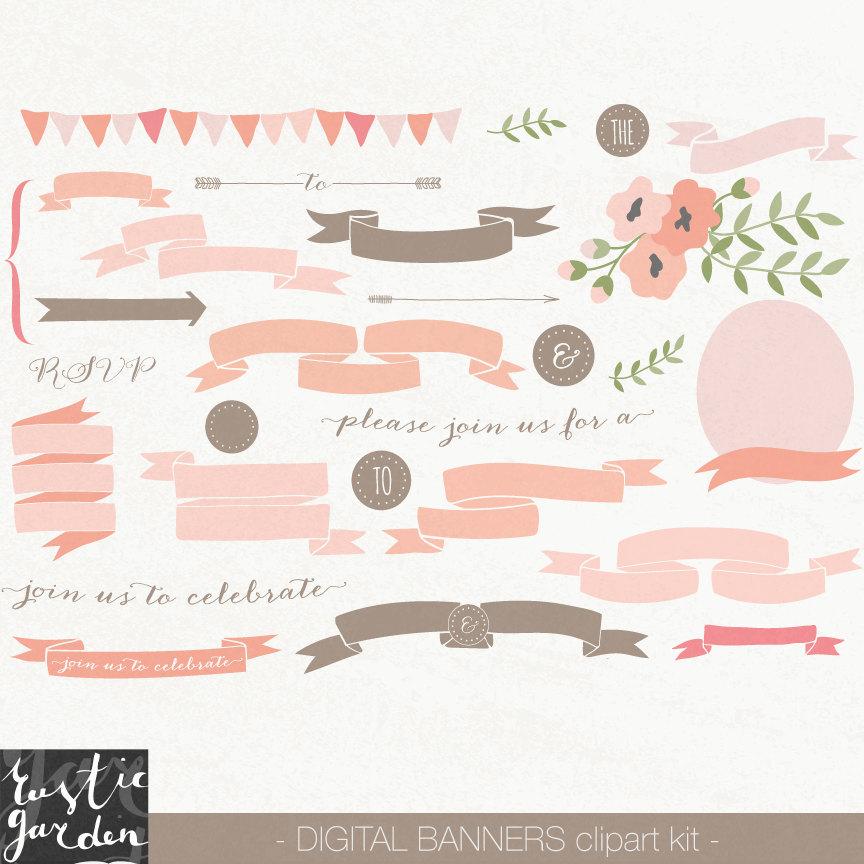 زفاف - WEDDING BANNER clipart in peach pink and brown. Ribbons and floral instant download digital clipart in PNG files for small commercial use.