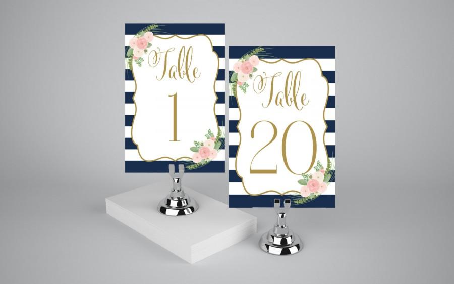 Wedding - Printable table numbers 1-20, Navy striped table sign instant download, Nautical wedding table numbers printable, The Shirley collection