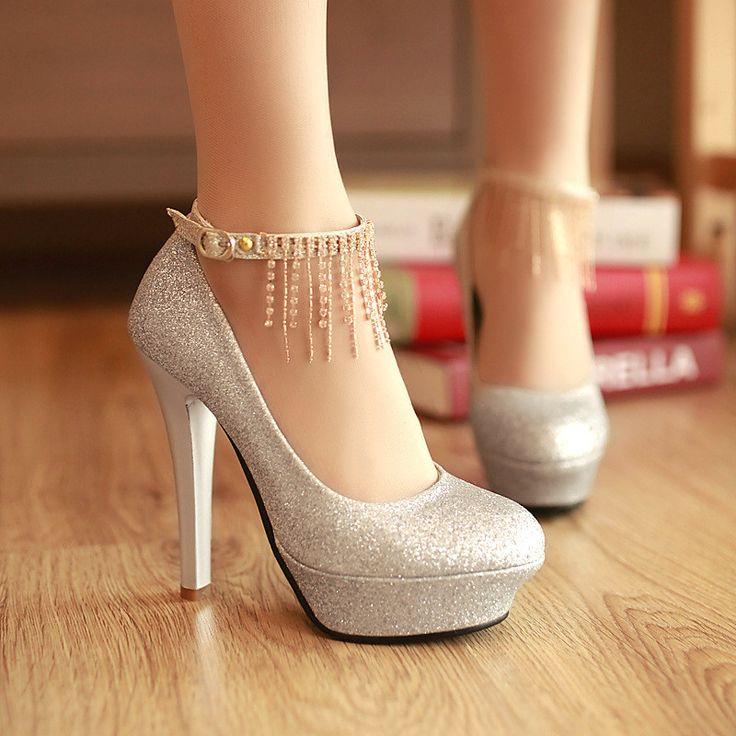 زفاف - Rhinestone Tassel Ankle Straps Women Platform Pumps High Heels Wedding Shoes Woman