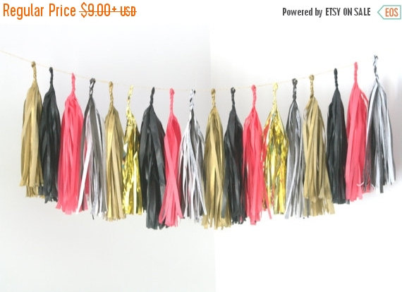 Mariage - ON SALE Stripes, Black, Pink and Gold Tassel Garland . Valentines Day Decor, Bachelorette Party Decorations, Girls Room Banner