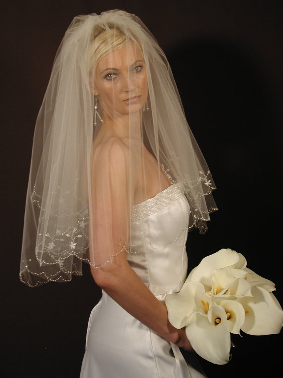 Wedding - Hand Beaded wedding veil - 2 layers bridal veil - embroidered flower wedding veil. Ready to ship.