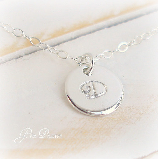 Wedding - Sterling Silver Initial Necklace Personalized Monogram , Handmade, Custom Hand Stamped, 3/8ths inch Thick 20 Gauge, Script initial