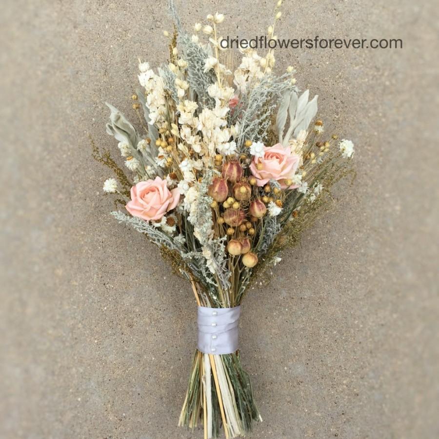 Wedding - Peach Dried Flower Wedding Bouquet - Preserved Natural Bridal Bouquets - grey herbs gray woodland rustic - VINTAGE WILDFLOWER COLLECTION