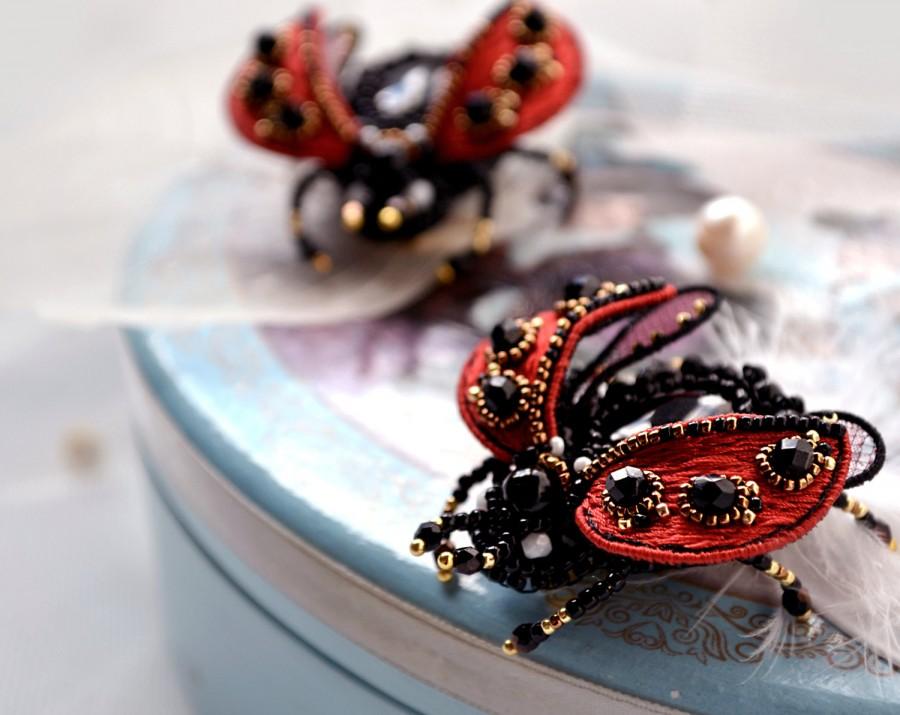 Hochzeit - Ladybug brooch red black handcrafted Lady cow jewelry Ladybird beetle insect art Bridesmaid gift pin small Ladybug brooch Spring wedding