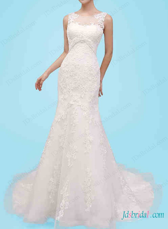 Mariage - Illusion bateau neck lace sheath wedding dresses