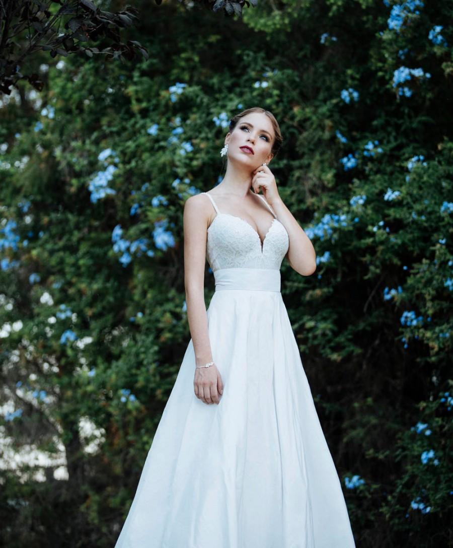 Mariage - Low neckline Wedding Dress,A line wedding dress,Low back wedding dress,Silk taffeta wedding gown,Lace top,Two piece wedding dress,Hand made