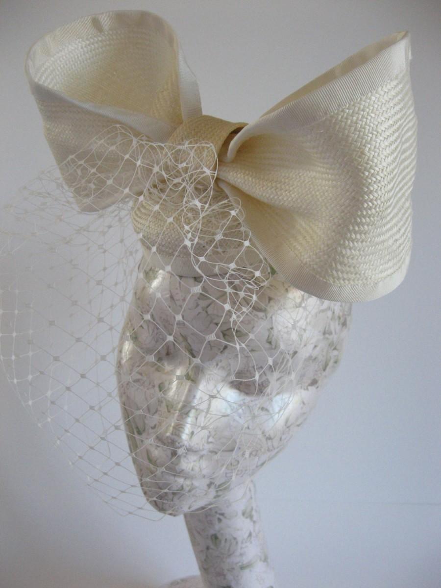 Wedding - Bridal Hat, Ivory Wedding Headdress with Birdcage Veil and Large Bow