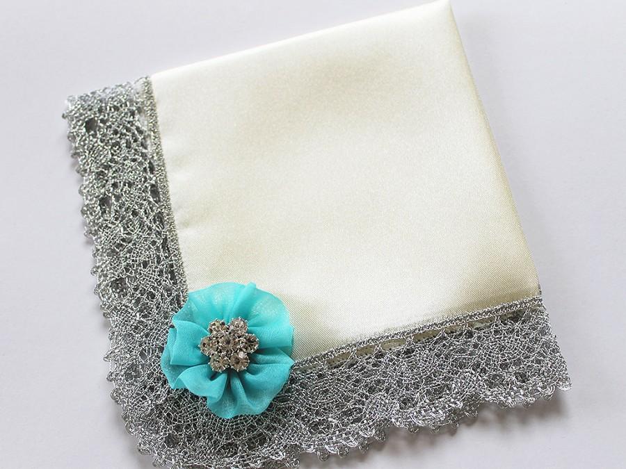 زفاف - Custom Color (Aqua Blue) Wedding Hanky, Bridal Shower Gift, Mother of Bride Satin Handkerchief w/ Silver Lace, Organza Flower&Rhinestone