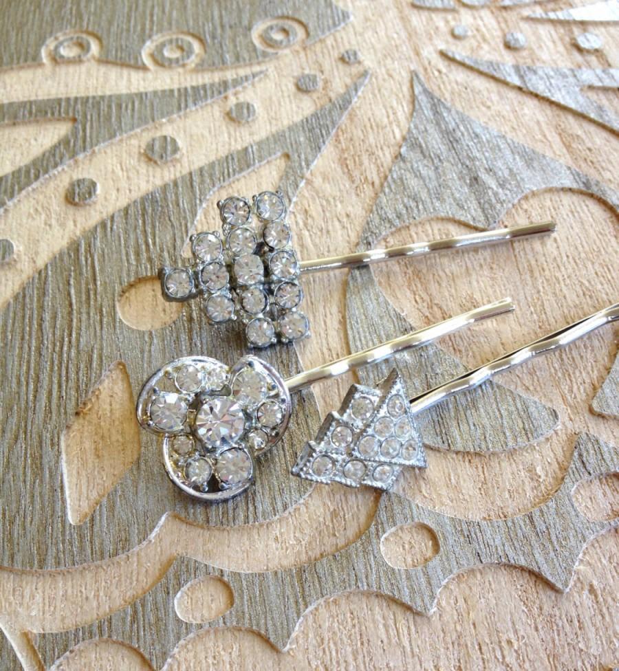 Hochzeit - Art Deco pave rhinestone hair pins, set, 1920s, weddings, rustic, bridal, jewelry, country, vintage jewelry, set, Art Deco, hair pins,