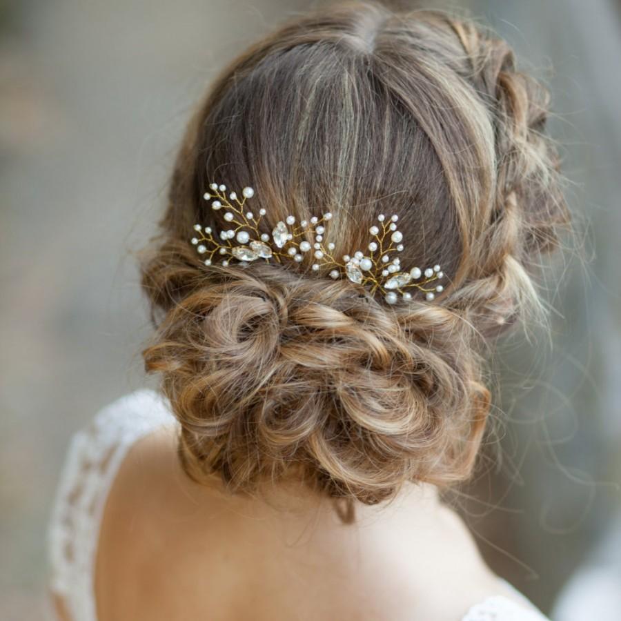 Hochzeit - Bridal hair pins Wedding hair pins Pearl hair pins with rhinestones Crystal hair pins Set of 2 pearl hair pins Gold bridal hair pins