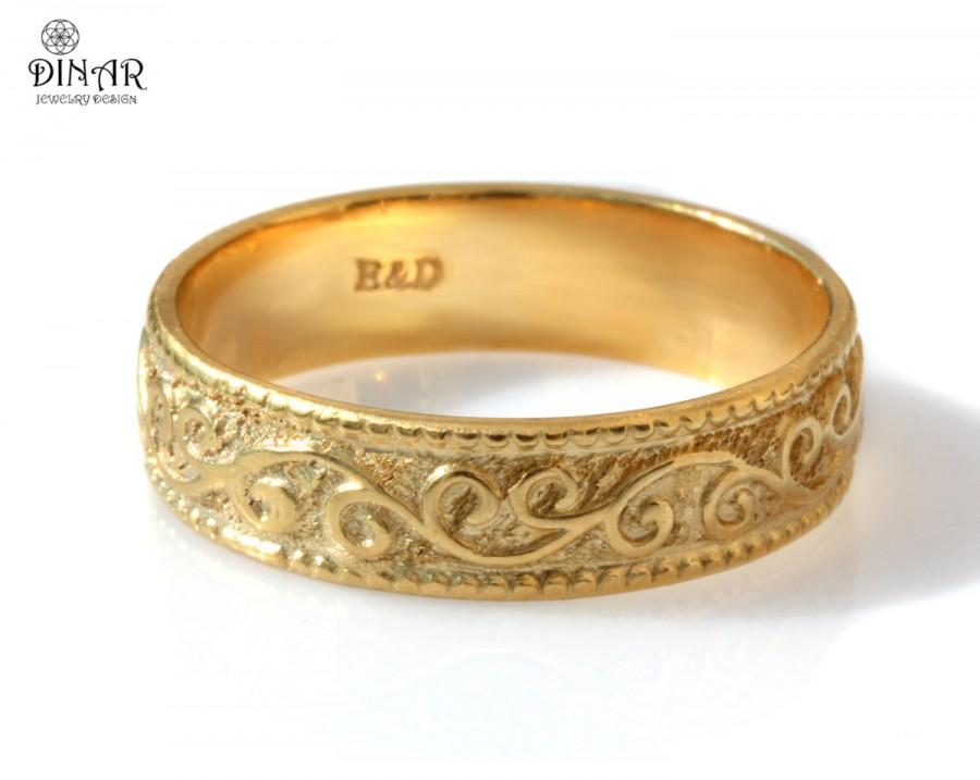 Hochzeit - Scrolls 14k yellow gold Wedding Band,women's Vintage design ring , Art Deco pattern, Milgrain Engraving ,wedding ring band, men's gold ring