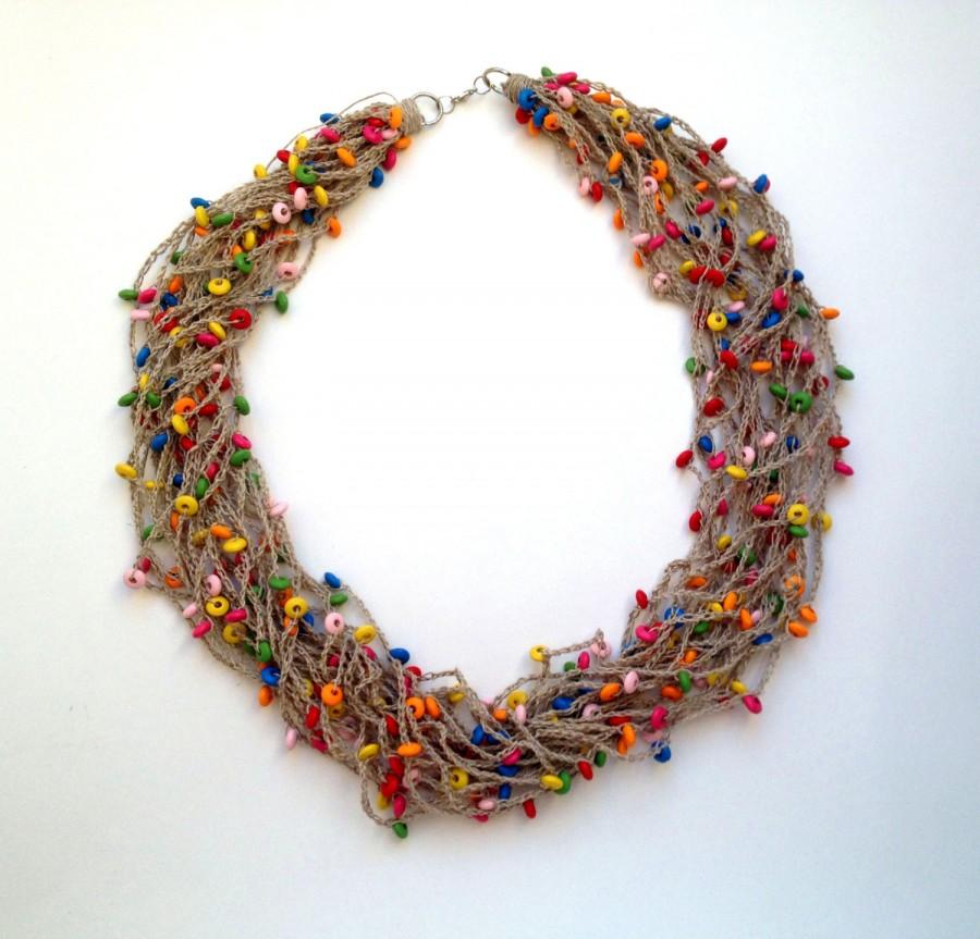 Mariage - RUSTIC NECKLACE Multi-colour statement necklace Multistrand Long beaded necklace Linen beads Wood beads Crochet necklace Multi-colour beads
