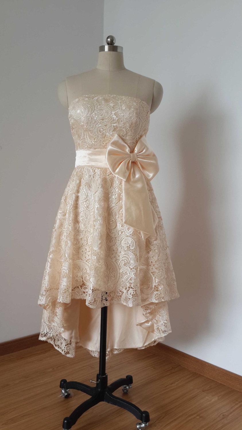 Hochzeit - 2015 Strapless Champagne Lace Short Front Long Back Bridesmaid Dress, Asymmetrical Lace Dress