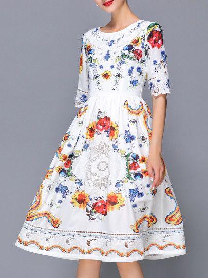 زفاف - White Tribal Print Crochet Hollow Out Dress