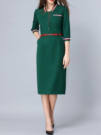 Mariage - Green Striped Belted Pockets Sheath Dress