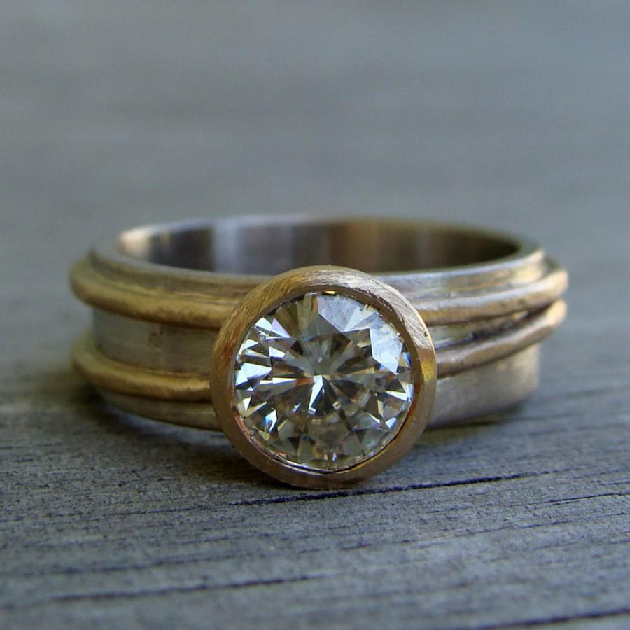 Hochzeit - Moissanite Ring - Forever Brilliant - Recycled 14k Yellow Gold & 18k Palladium White Gold Alternative Engagement Ring, Made to Order