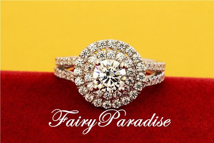 Hochzeit - Double halo engagement ring, 0.8 Ct  (6 MM) Round Cut Man Made Diamond, Split Shank Wedding Promise Ring - Free gift box ( FairyParadise)