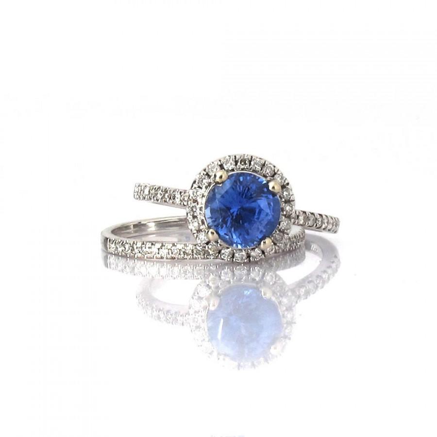 Wedding - CERTIFIED  untreated Ceylon cornflower 1.45 Carat blue sapphire ring Diamond ring 14k white gold ring Engagement ring P-044