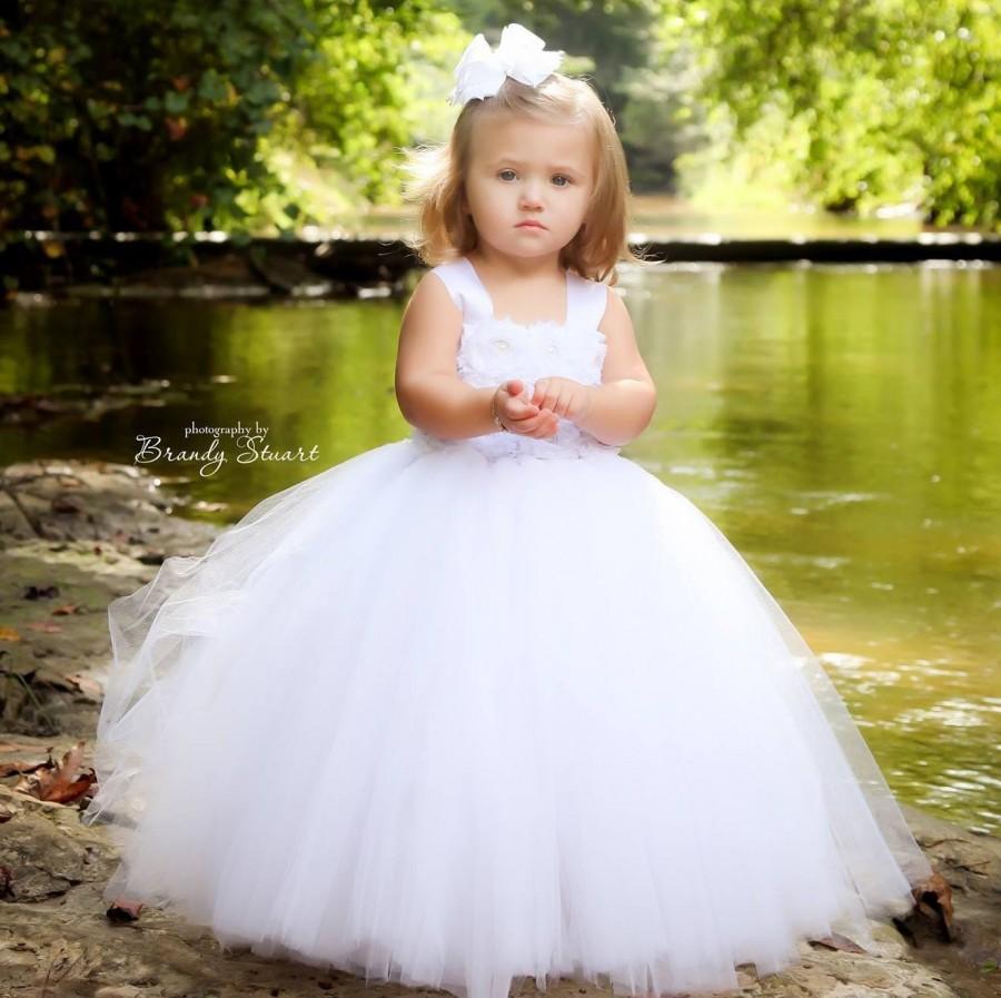 Mariage - White Flower Girl Dress  Tulle Dress Wedding Dress Birthday Dress Toddler Tutu Dress 1t 2t 3t 4t 5t
