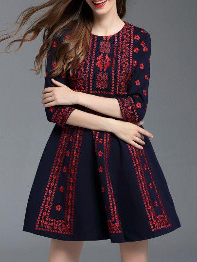 Mariage - Navy Crew Neck Embroidered A-Line Dress