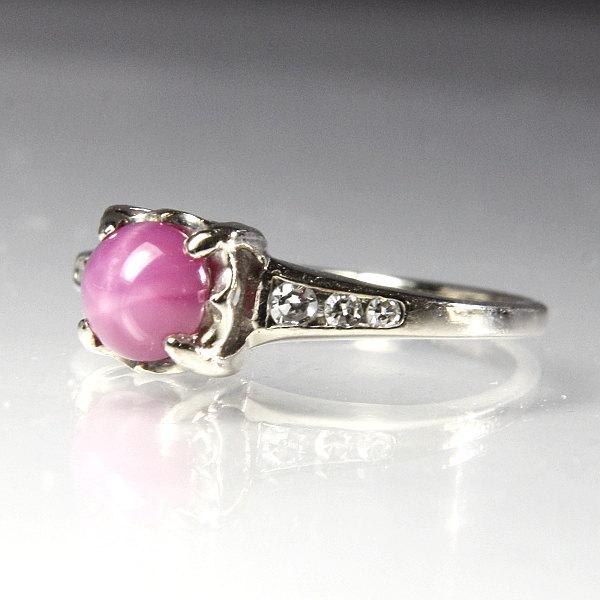 زفاف - Vintage Engagement Ring 14K White Gold Size 4.75 Set With A Pink Lab Created Star Sapphire And Diamonds Mid 20th Century Bridal Jewelry