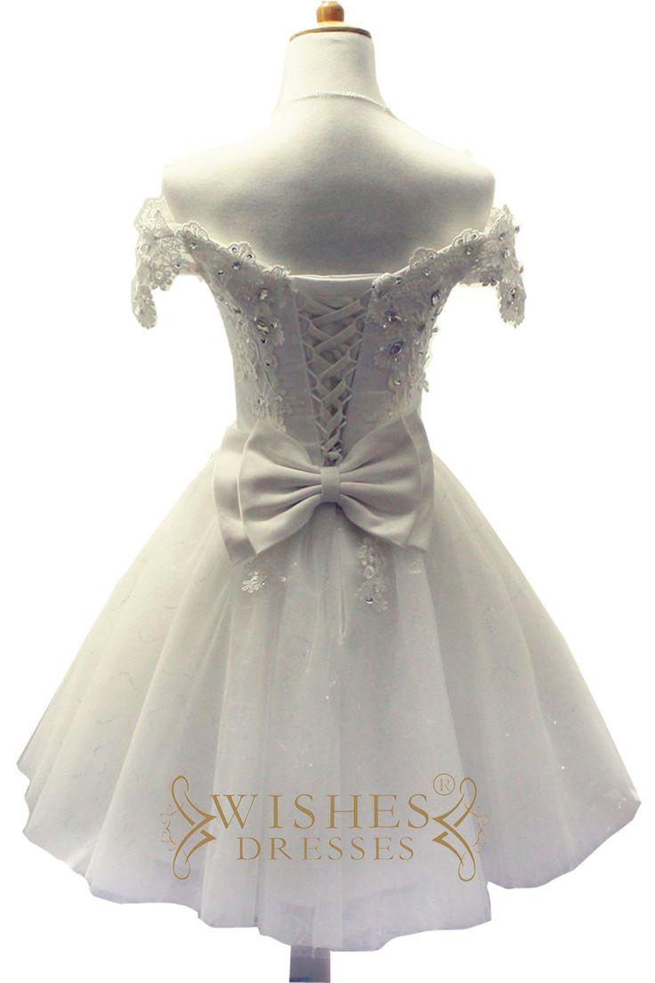 Hochzeit - Off-the-shoulder Lace Short Wedding Dress Am490
