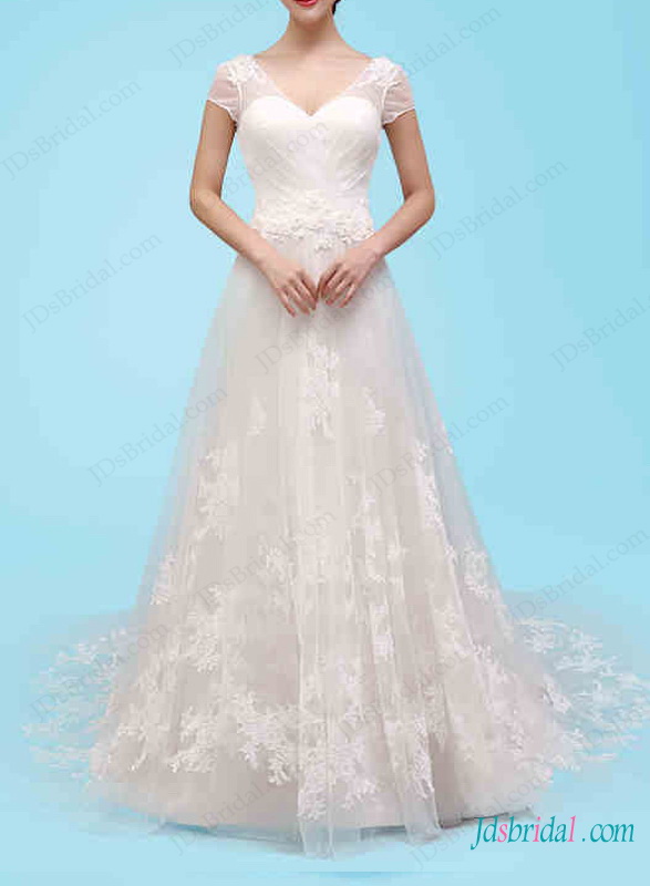 Mariage - H1457 Romance short sleeved lace a line wedding dress