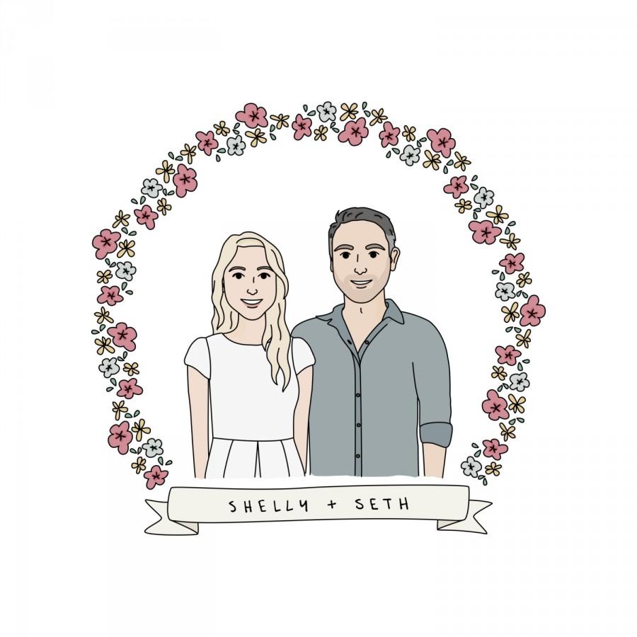 Mariage - Custom Couple Floral Banner Portrait - Custom Illustration, HandDrawn Couple Illustration, Floral Save The Date, Anniversary, Wedding Shower