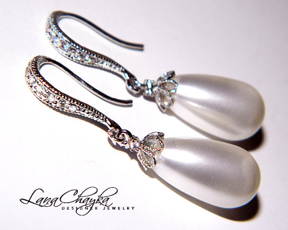 Mariage - Wedding White Teardrop Pearl Earrings Swarovski Pearl Bridal Earrings White Pearl Cz Sterling Silver Earrings Bridal Jewelry Pearl Earrings