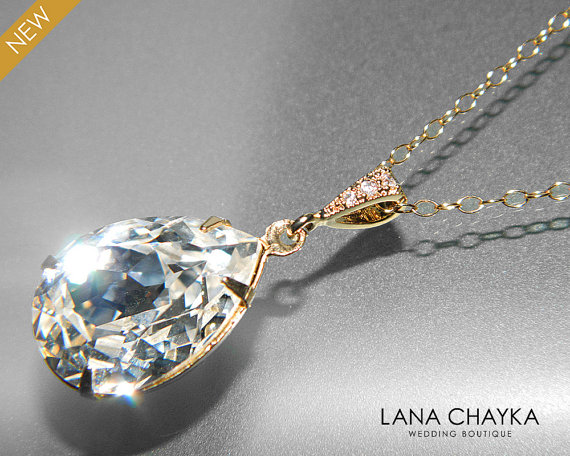 Mariage - Crystal Gold Bridal Necklace Swarovski Clear Rhinestone Teardrop Necklace Wedding Crystal Gold Jewelry Crystal Sparkly Necklace Bridesmaids