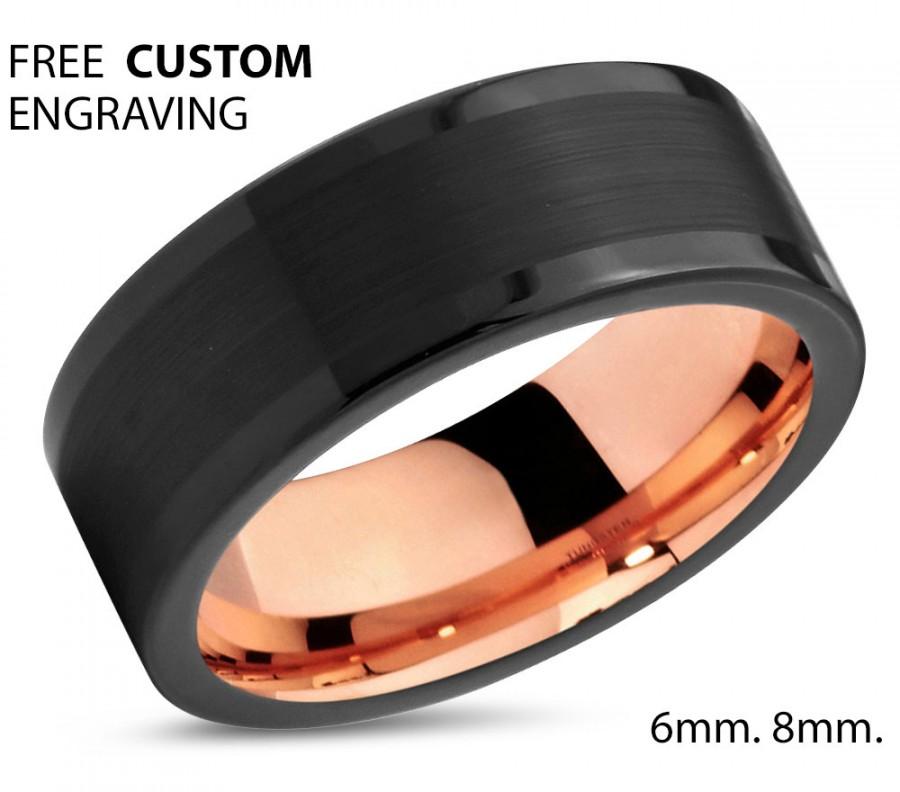 Hochzeit - Black Tungsten Ring Rose Gold Wedding Band Ring Tungsten Carbide 8mm 18K Tungsten Ring Man Wedding Band Male Women Anniversary Matching