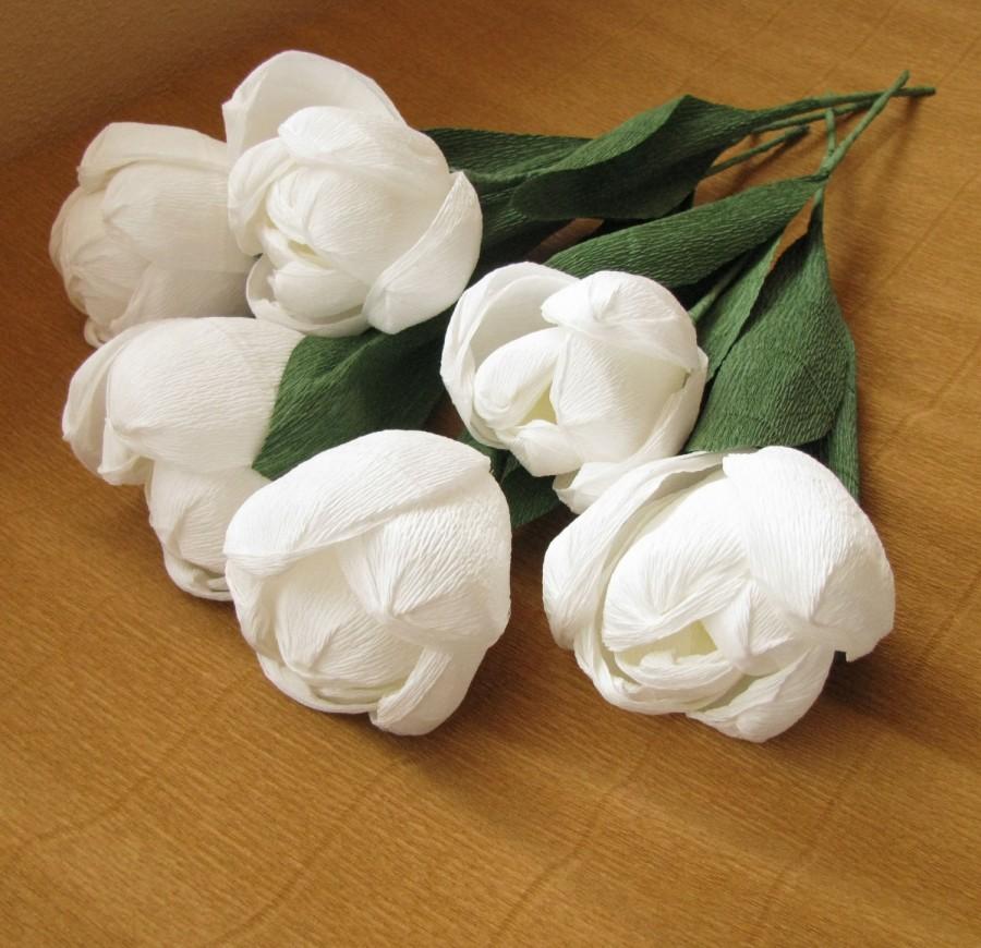 زفاف - White large paper tulips, Crepe paper flowers, Wedding flowers, Handmade, Gift for women, White paper decoration