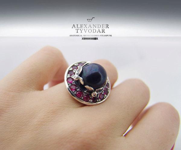 Wedding - Mysterium Niger Pearl  B.25 - Gothic silver ring, diamonds and Black Pearl, black pearl ring, victorian ring, black sea pearl ring,
