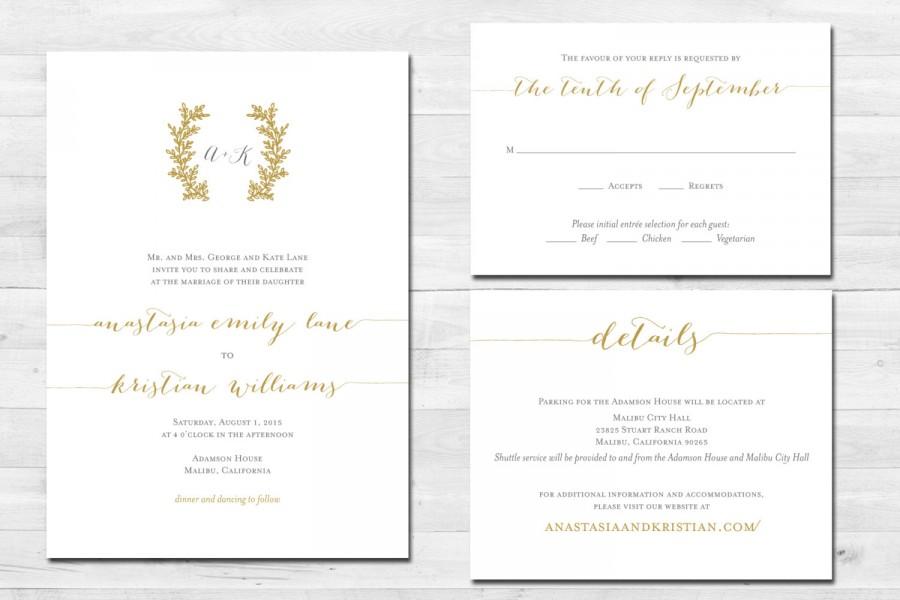 Mariage - Rustic Gold Printable Wedding Invitation, RSVP card, and Details card Calligraphy themed - Download